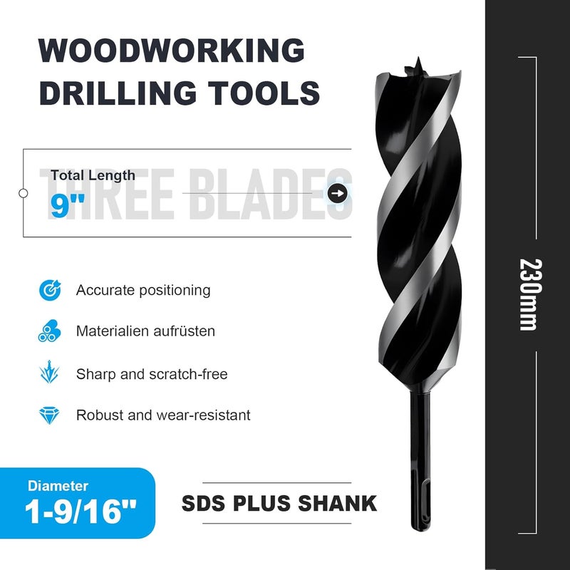 WOBLLMX 1-9/16" x 9" Auger Drill Bit with SDS Plus Shank for Wood,Tri Flute Ship Auger Long Drill Bit for Soft and Hard Wood,Tree Stump,Plastic,Drywall and Composite Materials - Image 2